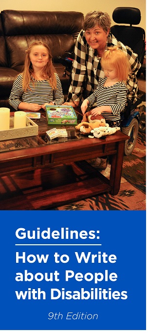 Cover of the Guidelines. A wheelchair user and her grandchildren in a home setting
